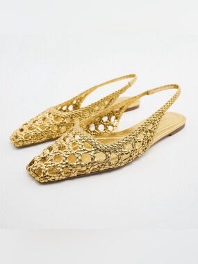 NWT Zara Gold Woven Slingback Flats Sandals Metallic Shoes Women’s Sz US8/EU39